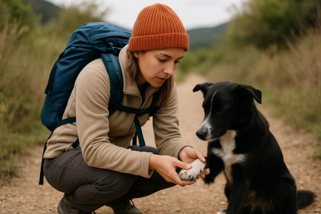 hiking with dogs-fixing injured paw