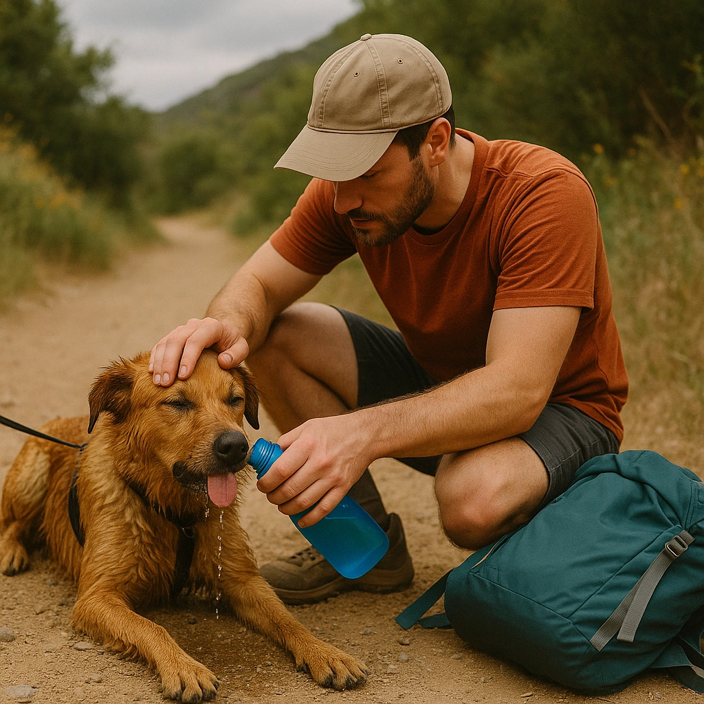 hiking with dogs - giving water to his pet