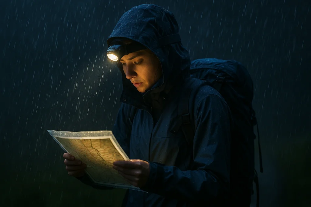hiking in the rain at night with map