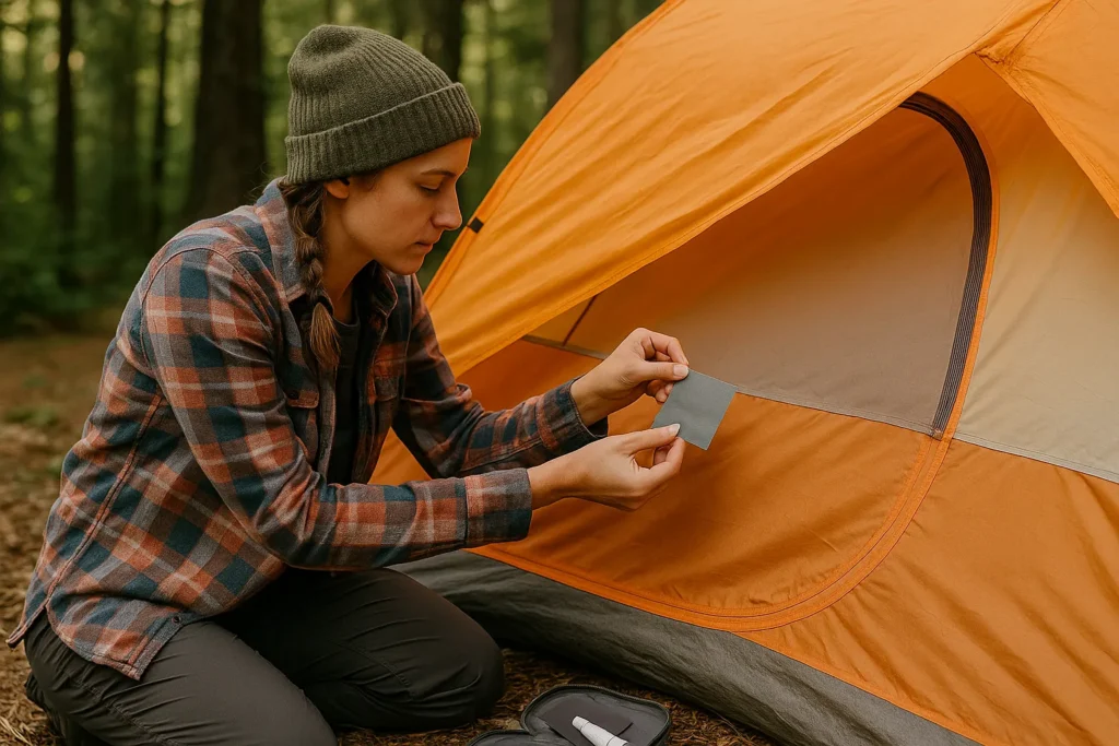 Backpacking tent repair in the field – female hiker patching a small tear on a lightweight tent