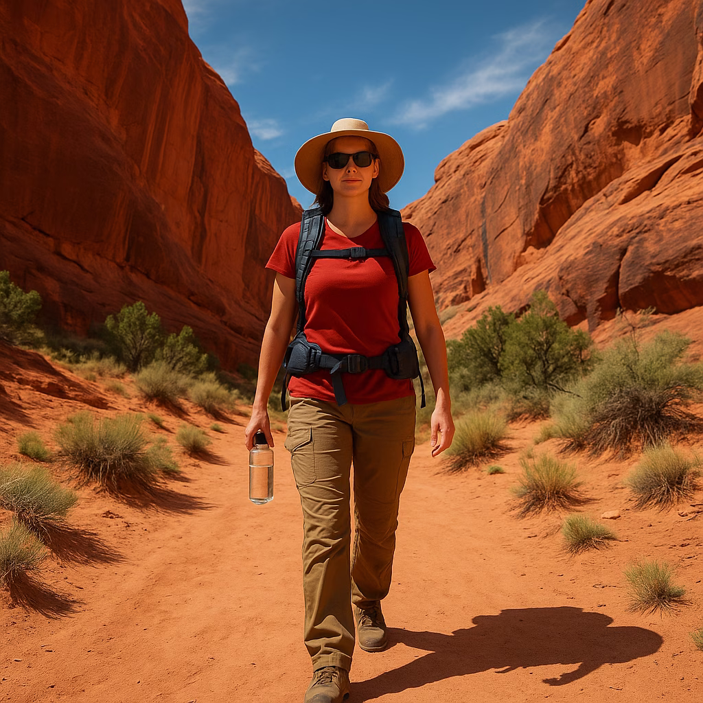 southwest hiking trails - Female hiker on Southwest hiking trail through red rock canyon