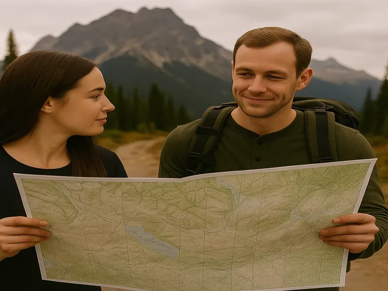 Language & Communication Hiking Canada - hiking couple studying a topo map on the trail