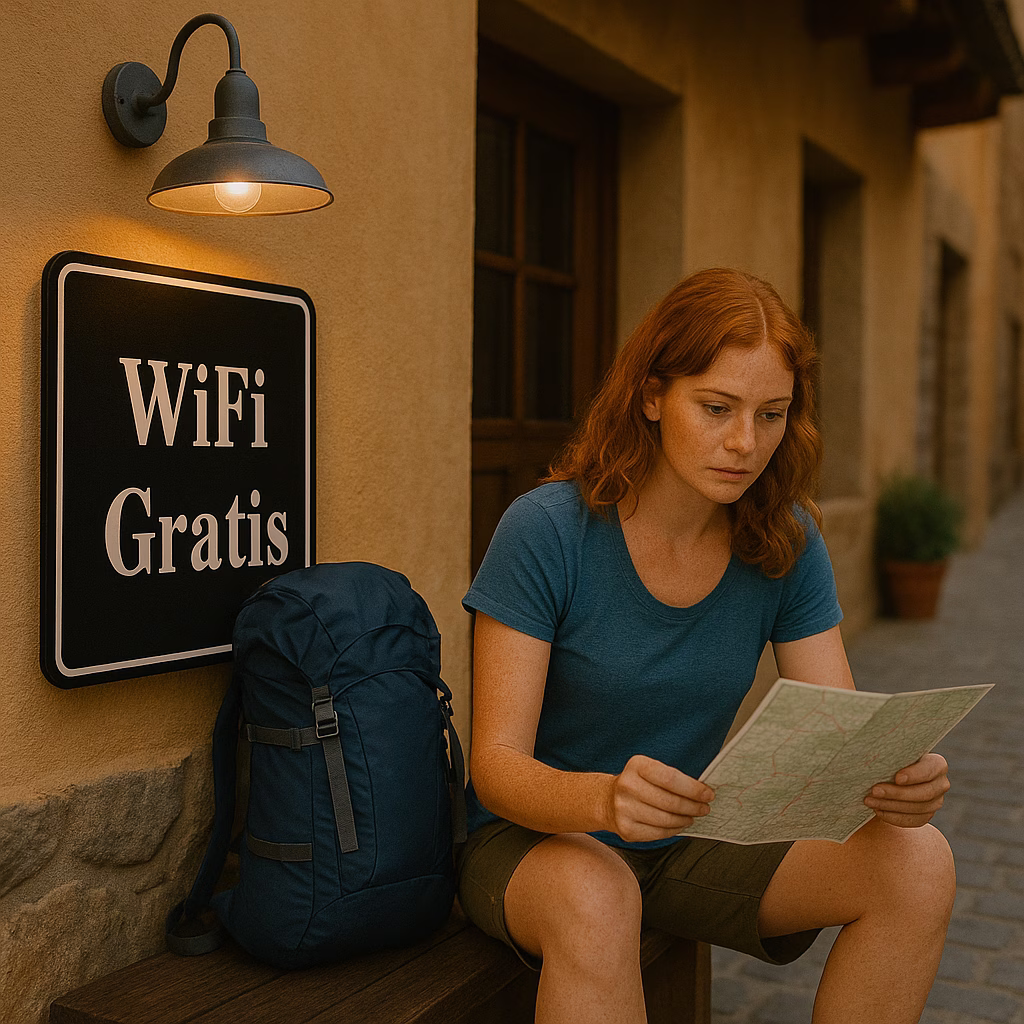 Electricity & Internet Access in Spain - hiker reading a map next to a wi-fi gratis sign