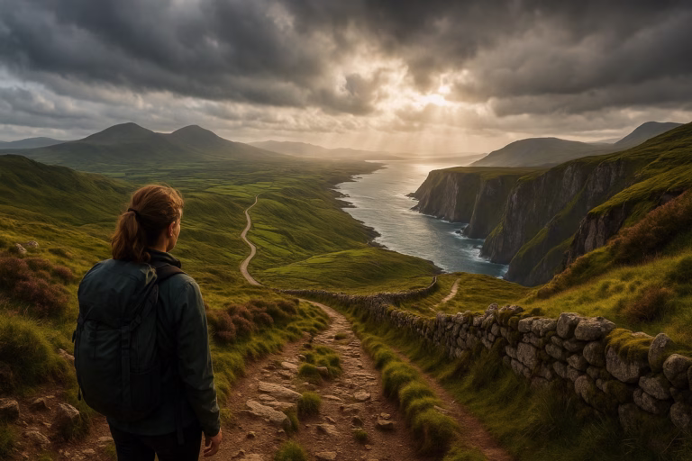 Hiking Ireland best trails in Ireland north and south - hiker stopping to view the Irish countryside